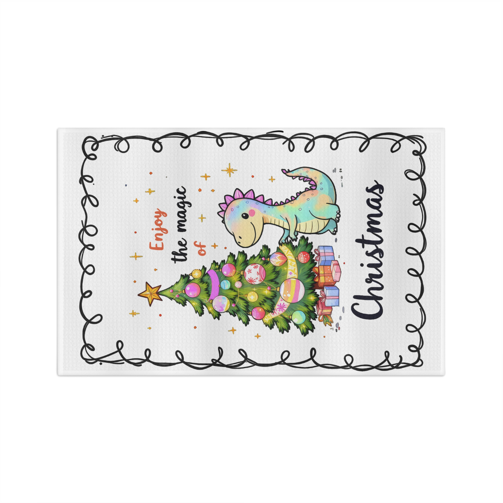 Dinosaur Christmas Towel – “Enjoy the Magic of Christmas” Holiday Kitchen Decor