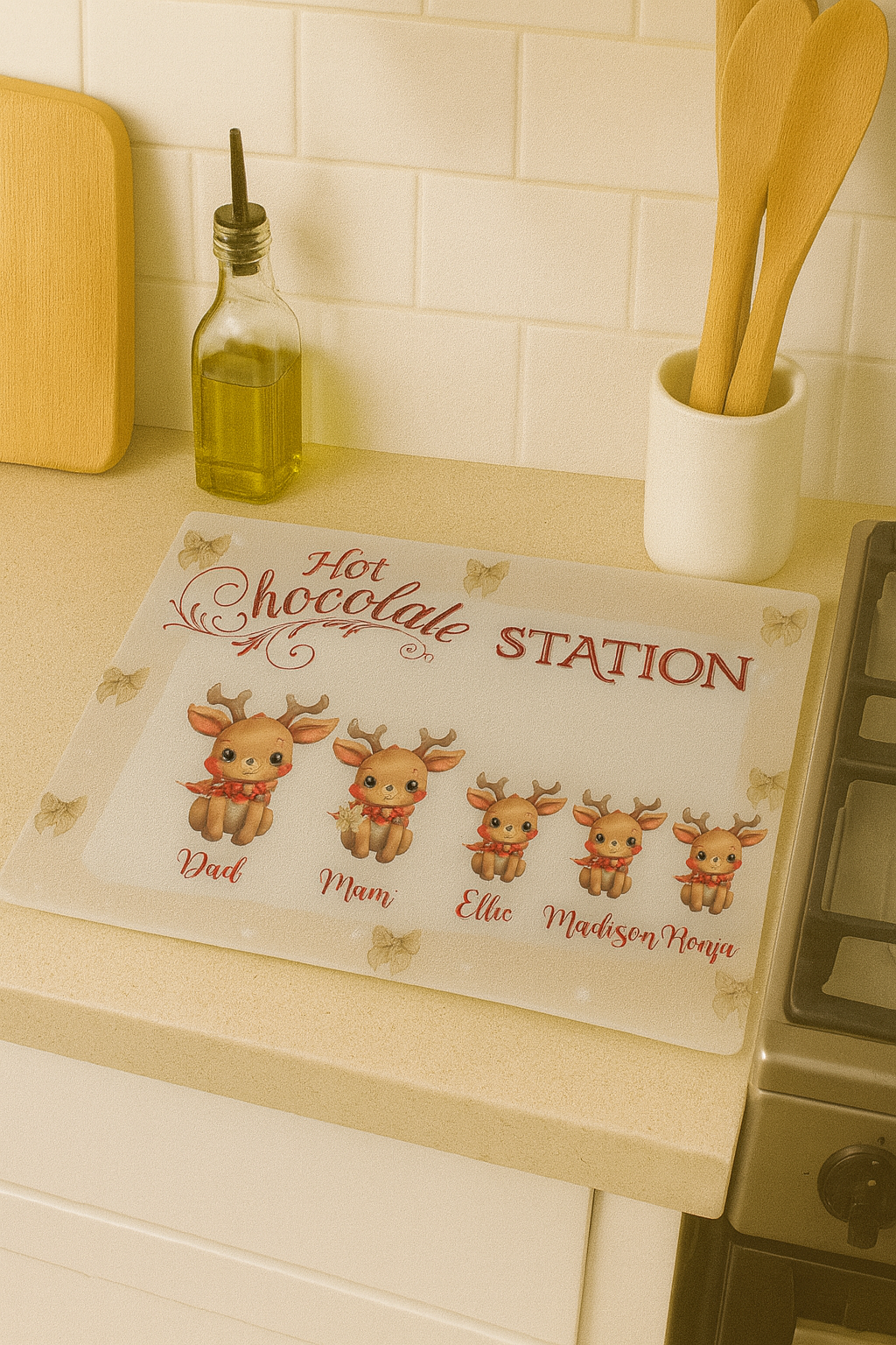 Personalised Hot Chocolate Station Reindeer Family Glass Chopping Board