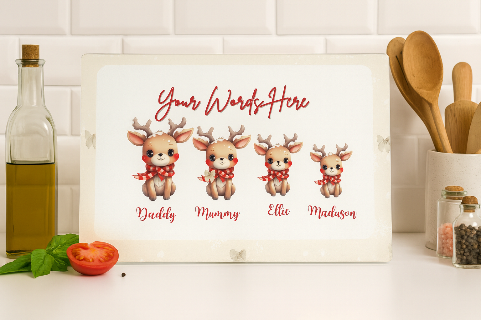 Personalised Hot Chocolate Station Reindeer Family Glass Chopping Board
