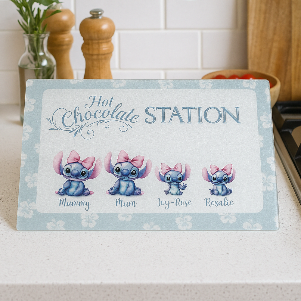 Hot Chocolate Station sign with cartoon characters on a kitchen counter.