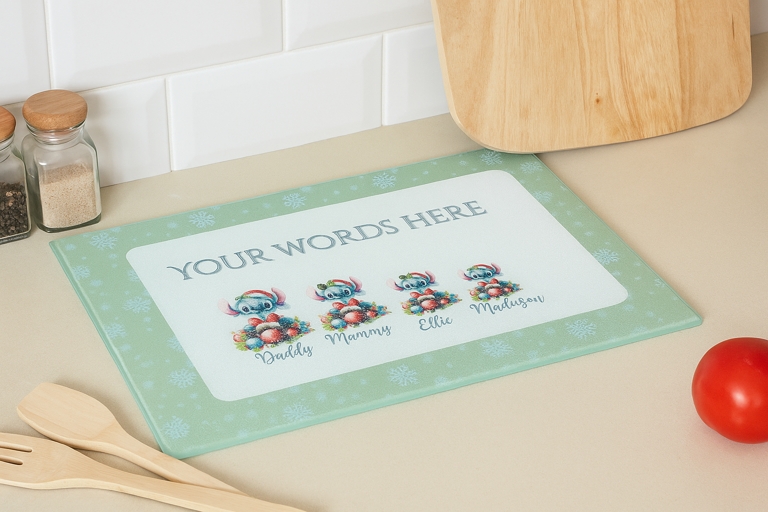 Personalized placemat with cartoon characters and customizable text on a kitchen counter.