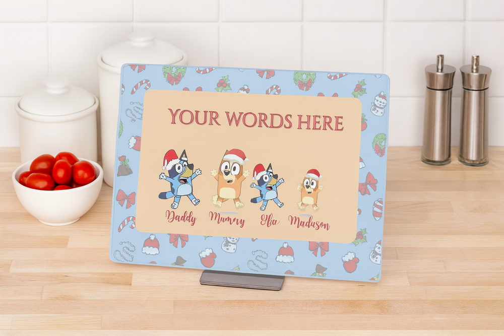 Personalized placemat with cartoon characters and customizable text on a kitchen counter.