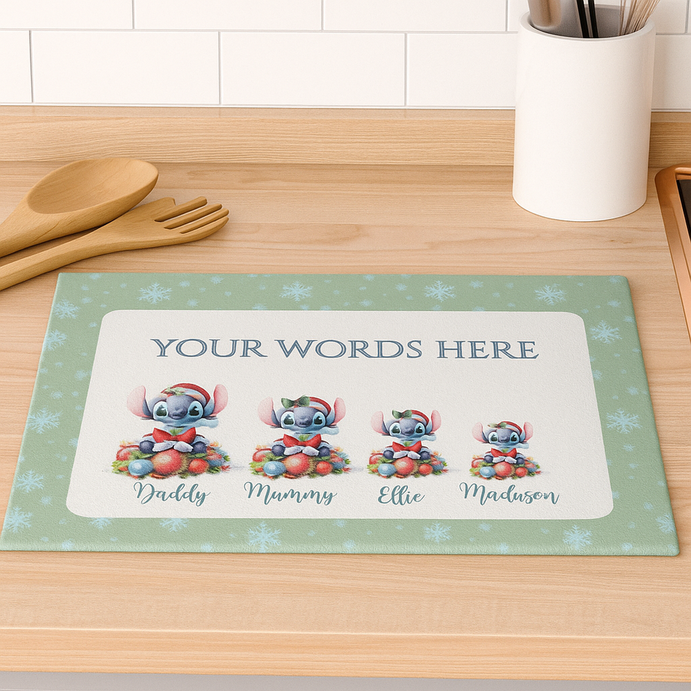 Personalized placemat with cartoon characters on a kitchen counter