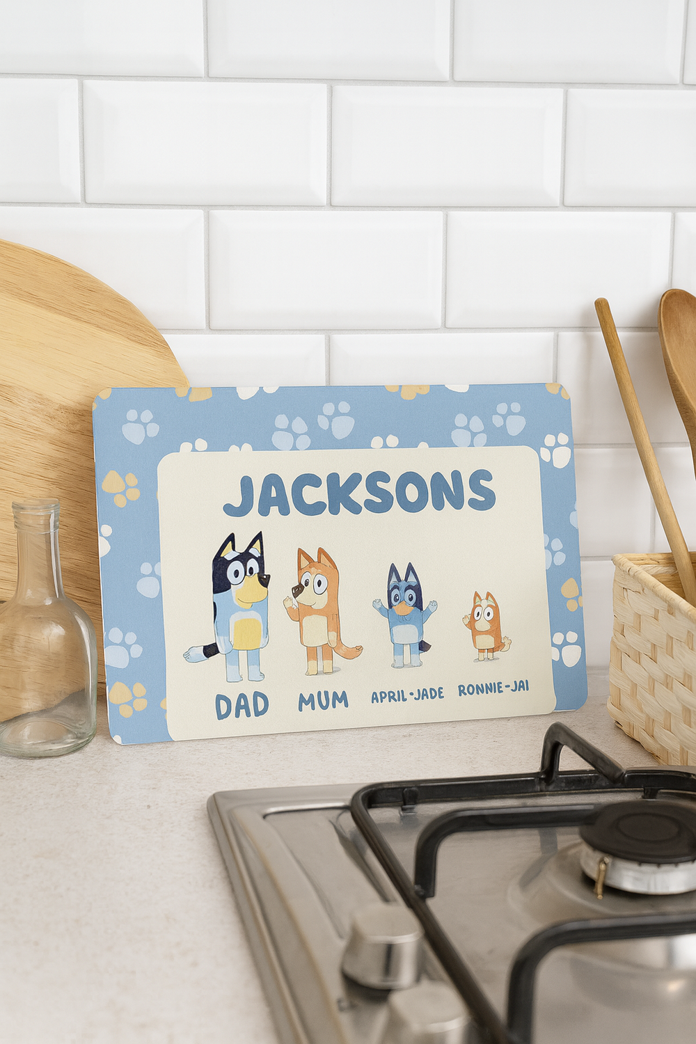 Personalized placemat with cartoon characters on a kitchen counter