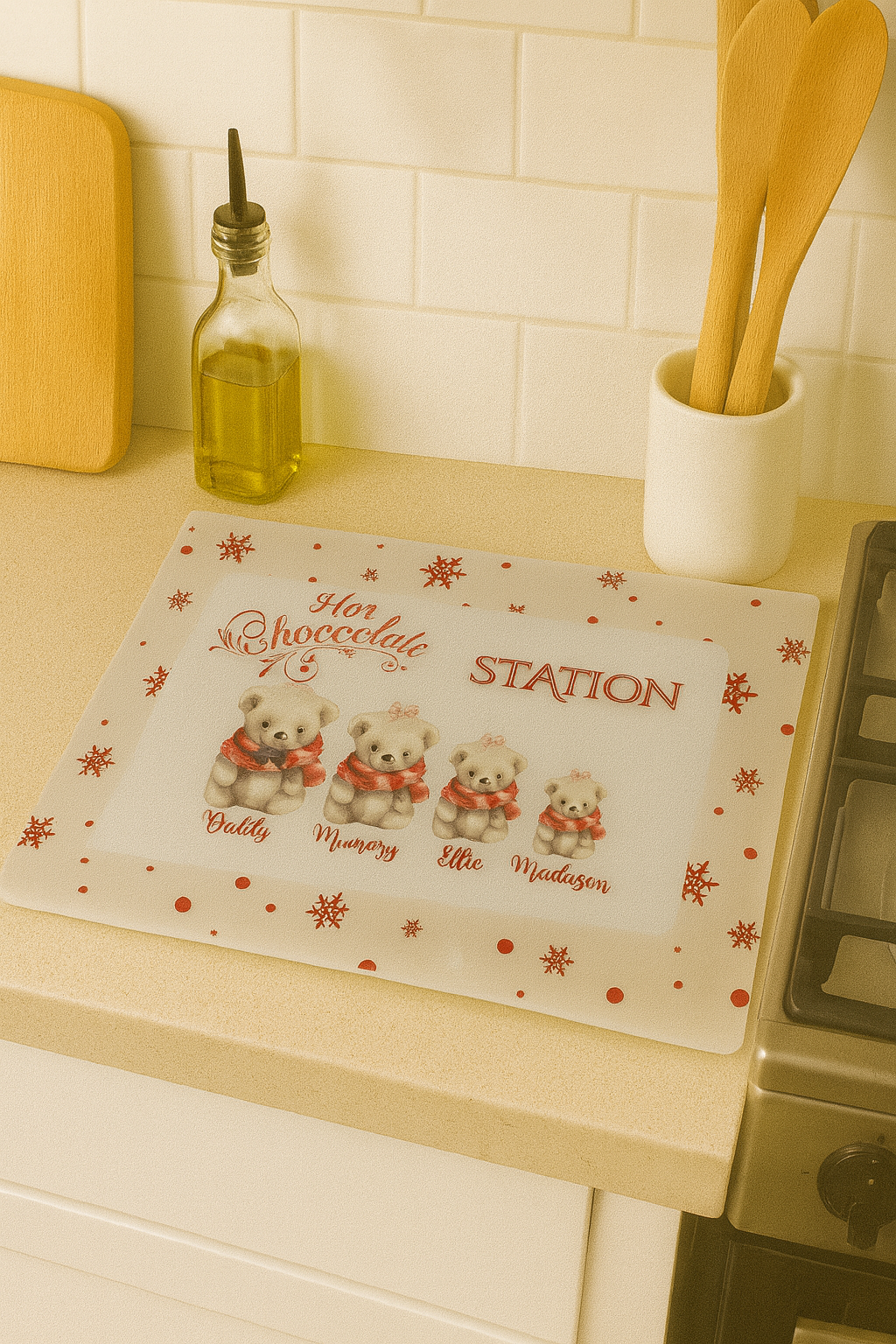 Kitchen counter with a placemat featuring teddy bears and text on a white tiled wall background.