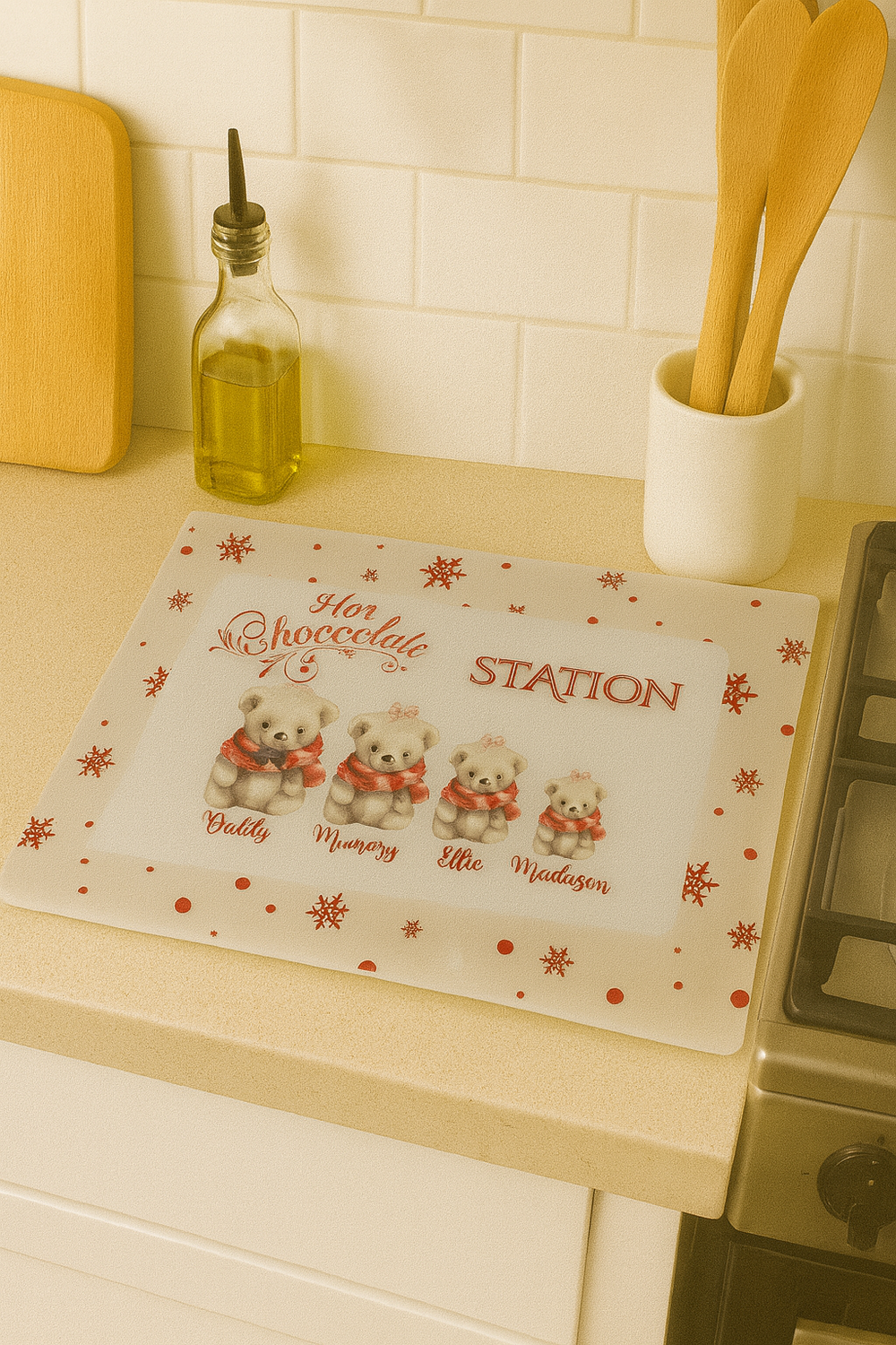 Kitchen counter with a placemat featuring teddy bears and text on a white tiled wall background.
