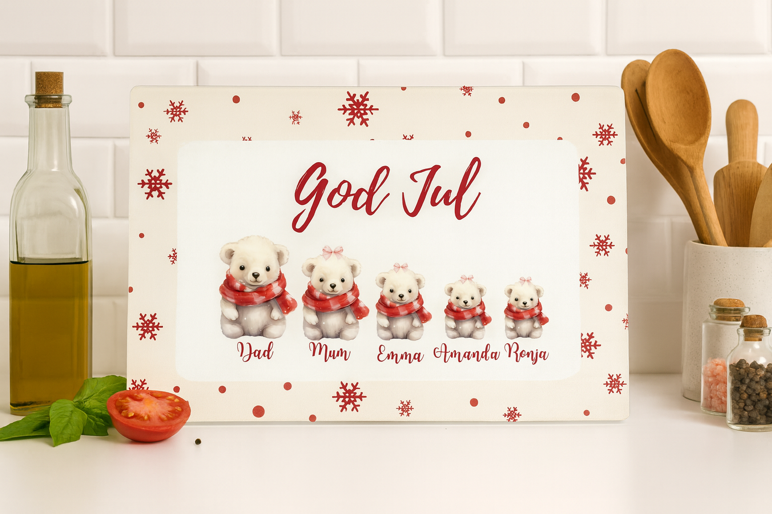 Decorative sign with teddy bears and text on a kitchen counter