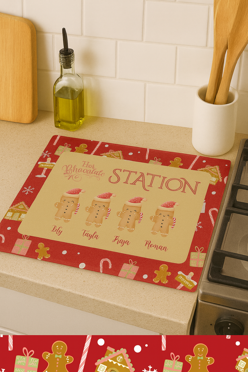 Christmas-themed placemat with gingerbread design on a kitchen counter.