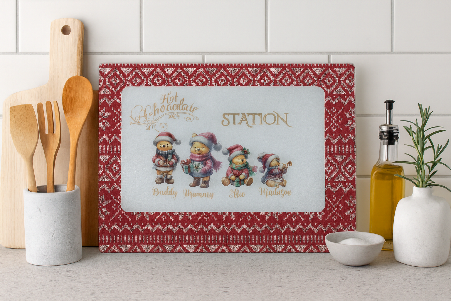 Personalised Christmas Bear Hot Chocolate Station Board – Festive Family Kitchen Décor UK
