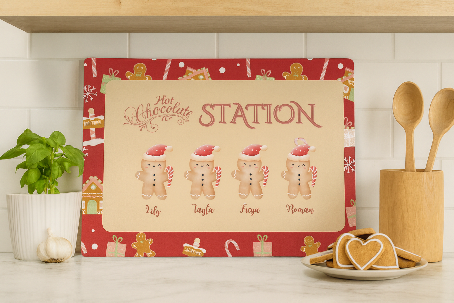 Decorative sign with gingerbread design and 'Hot Chocolate Station' text in a kitchen setting.