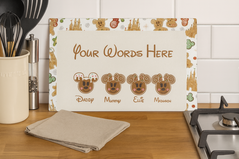 Personalized kitchen backsplash with cartoon faces and text in a kitchen setting