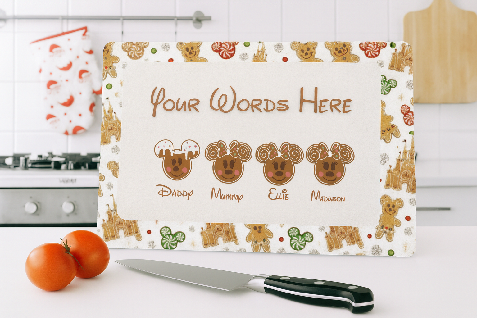 Personalized cutting board with teddy bear design and text placeholder on a kitchen counter.