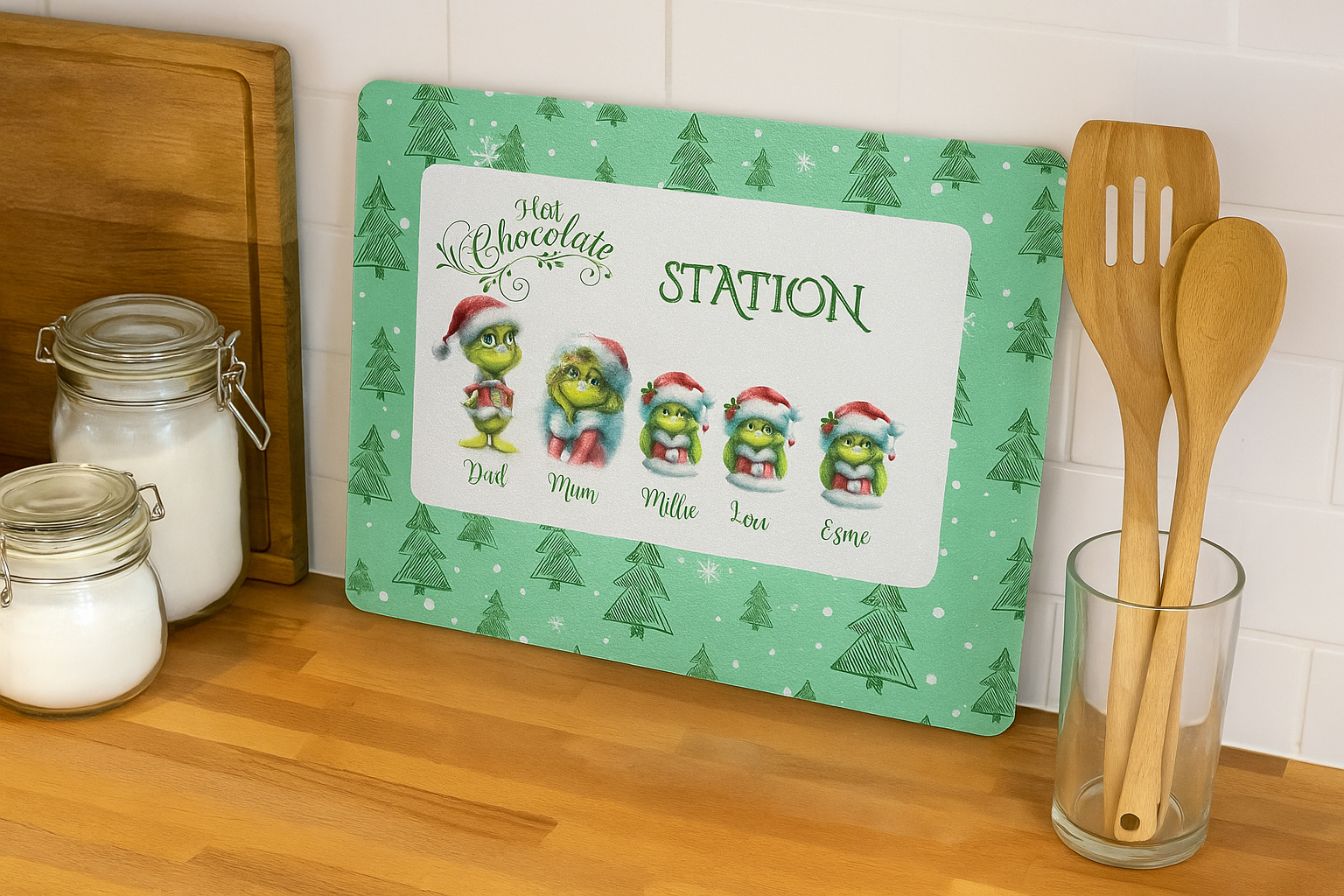 Christmas-themed placemat with cartoon characters on a kitchen counter.
