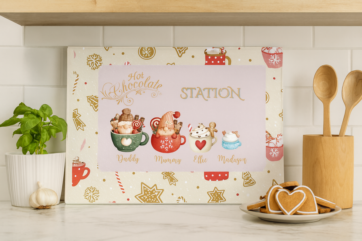 Decorative box labeled 'Hot Chocolate Station' with festive illustrations on a kitchen counter.