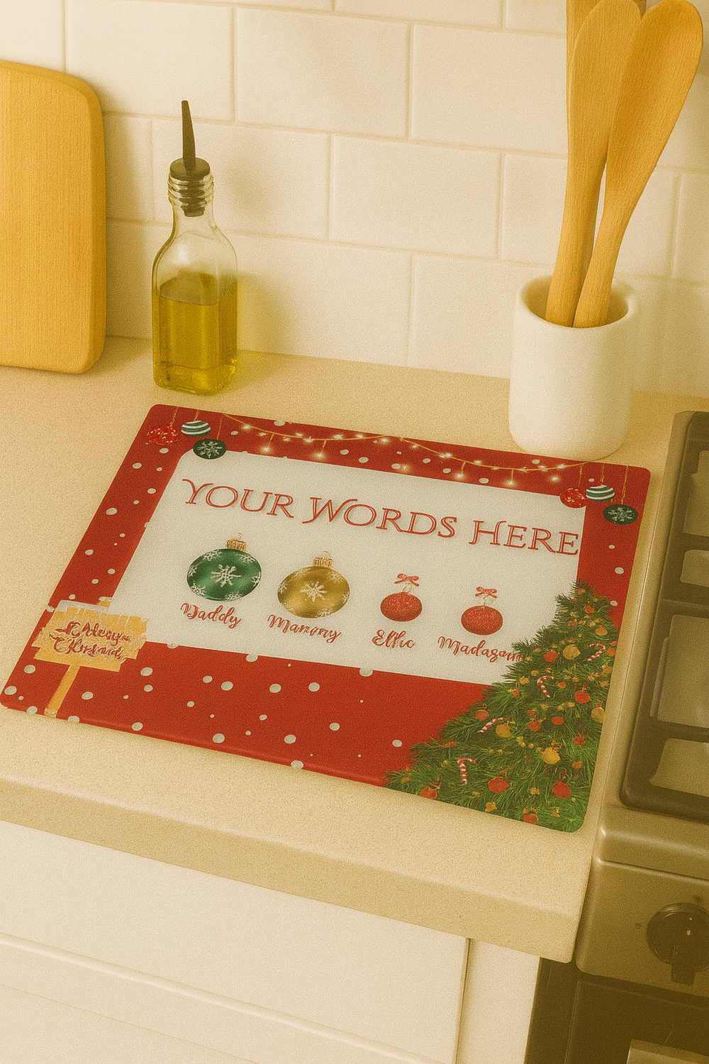 Personalized Christmas placemat with decorative elements on a kitchen counter.
