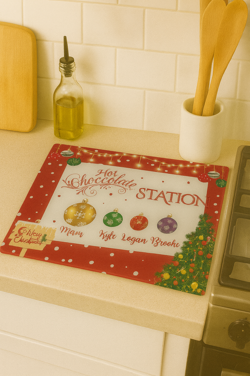 Christmas-themed hot chocolate station mat on a kitchen counter