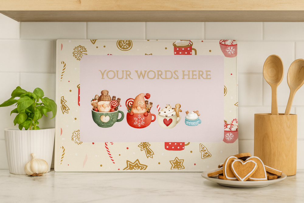 Personalizable product with illustrated designs on a kitchen counter.
