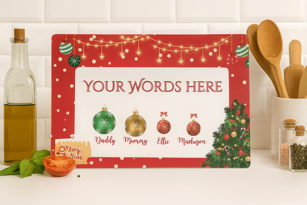 Personalized Christmas placemat with decorative elements on a kitchen counter.