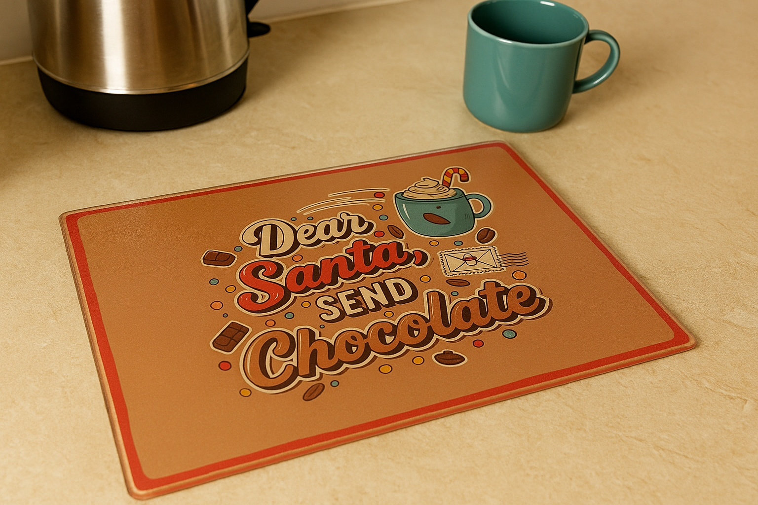 Brown placemat with 'Dear Santa, Send Chocolate' text on a beige surface with a teal mug and silver kettle.