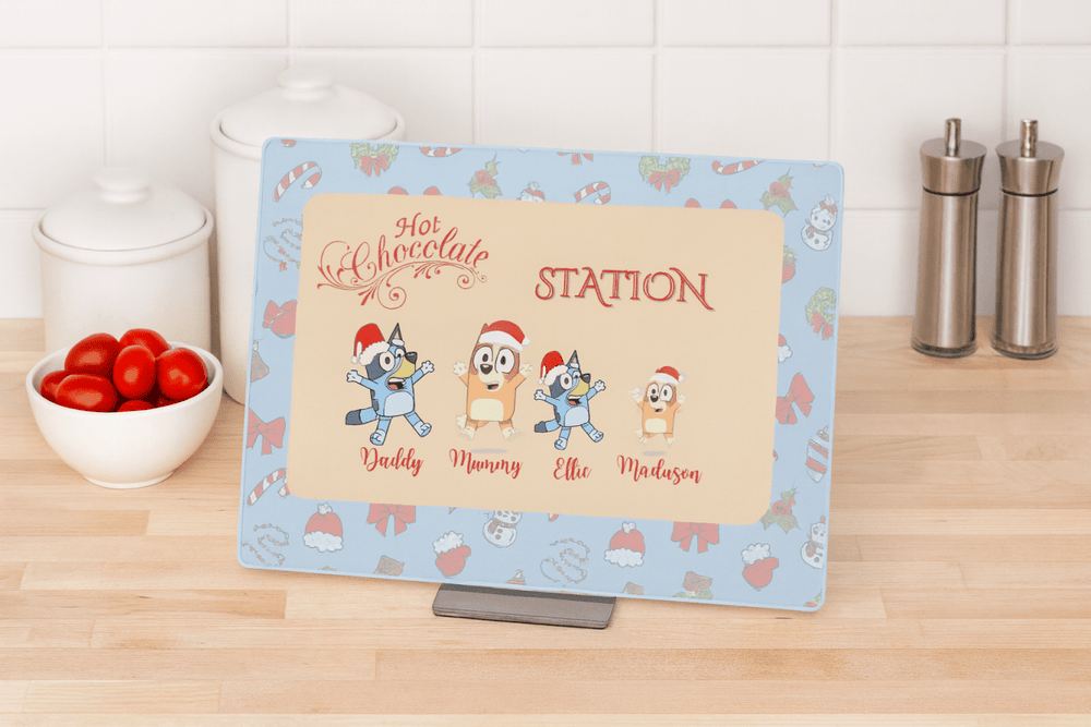Bluey Family Hot Chocolate Station | Personalised Christmas Glass Board - East Coast Gifts