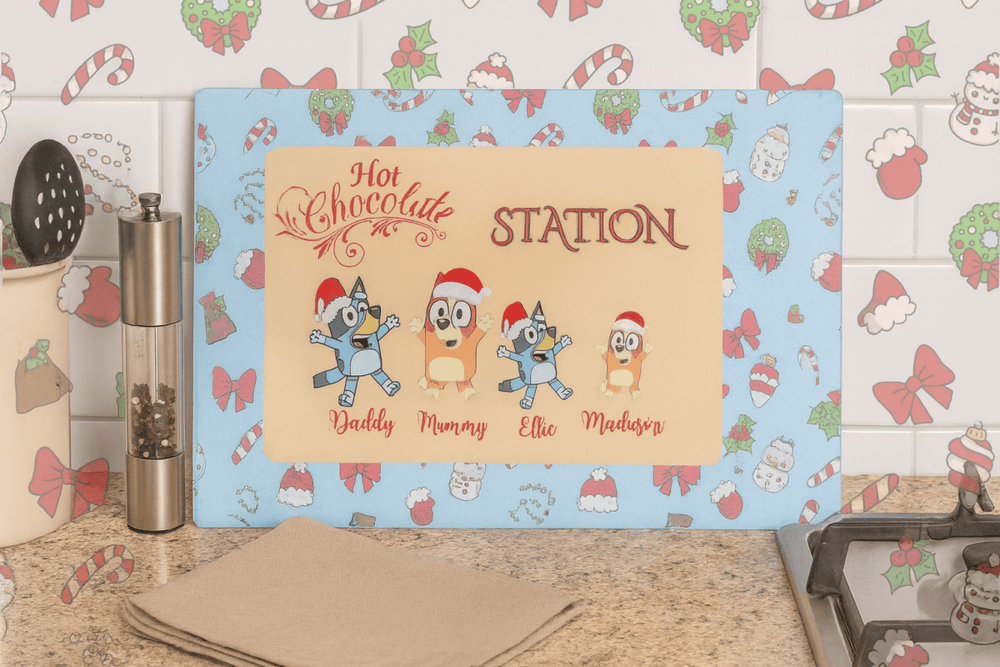 Bluey Family Hot Chocolate Station | Personalised Christmas Glass Board - East Coast Gifts