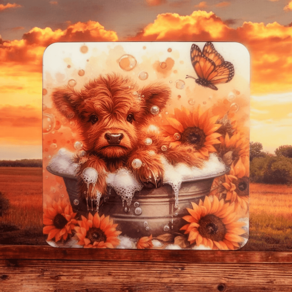 Cute Scottish Highland Cow Coaster Set of four wooden Coasters - East Coast Gifts