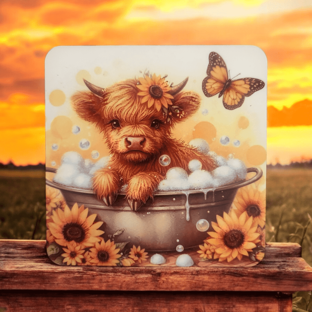 Cute Scottish Highland Cow Coaster Set of four wooden Coasters - East Coast Gifts
