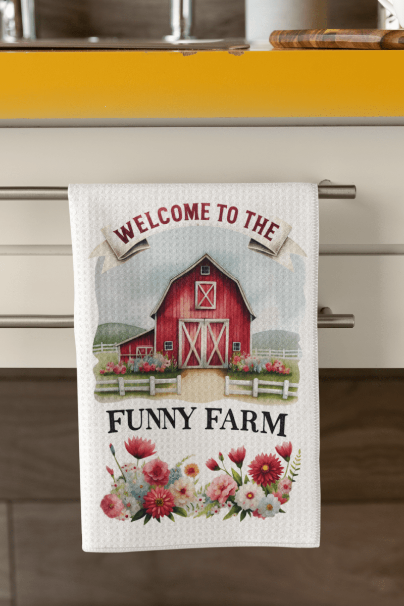 Funny Farm Tea Towel – Red Barn Kitchen Decor Gift, Welcome to the Farm UK - East Coast Gifts