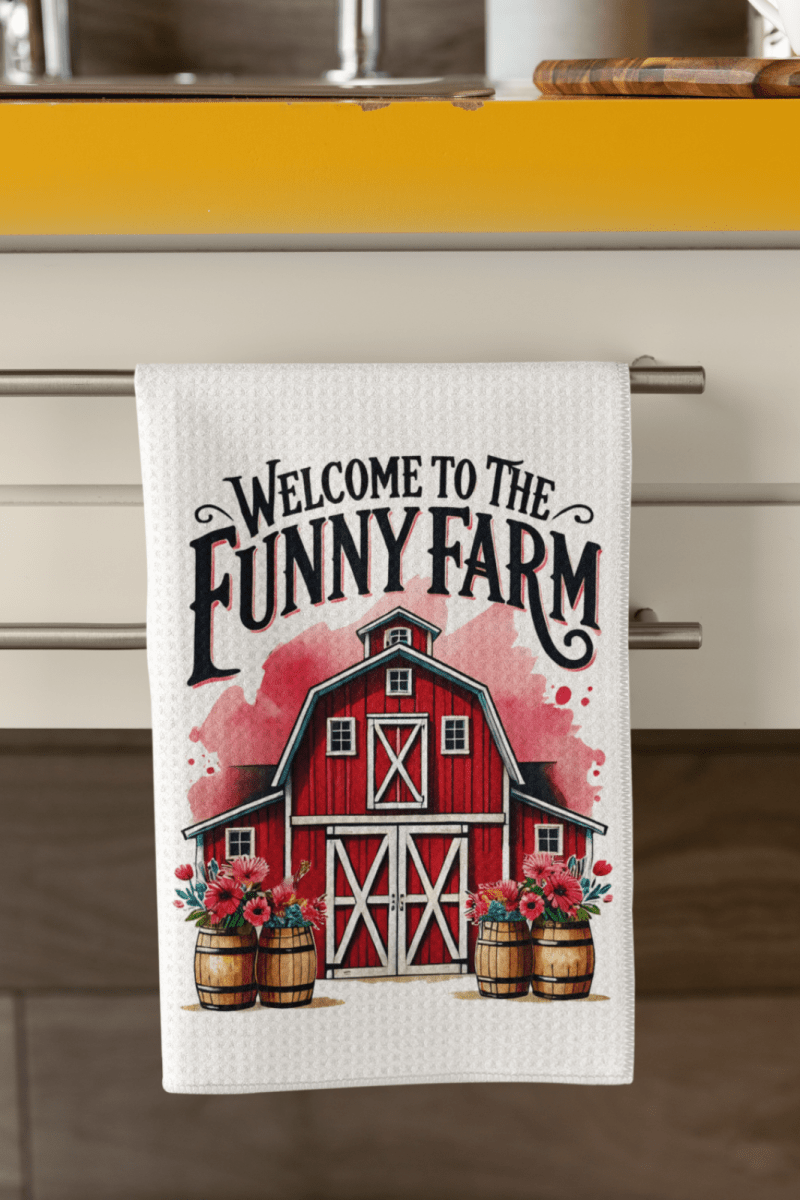 Funny Farm Tea Towel – Red Barn Kitchen Decor Gift, Welcome to the Farm UK - East Coast Gifts