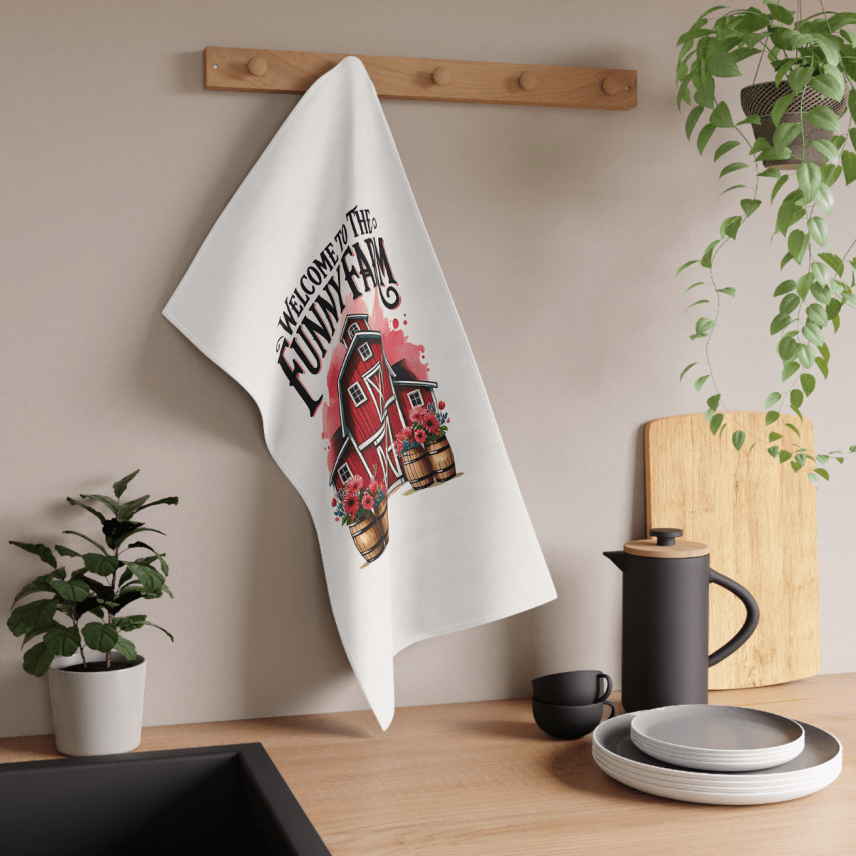 Funny Farm Tea Towel – Red Barn Kitchen Decor Gift, Welcome to the Farm UK - East Coast Gifts