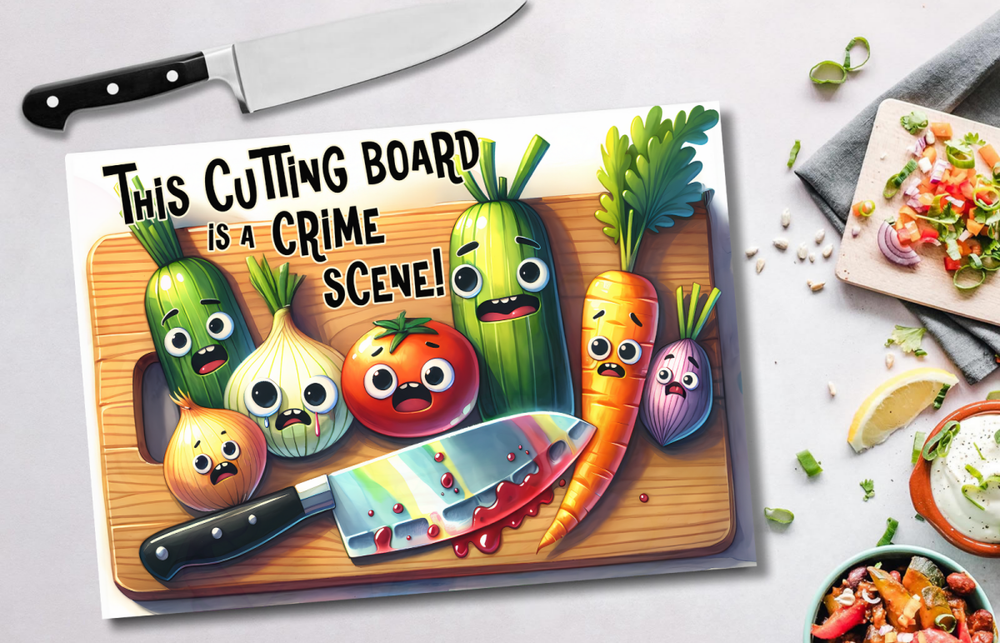 Funny Glass Chopping Board – “Kitchen Crime Scene” Design - East Coast Gifts