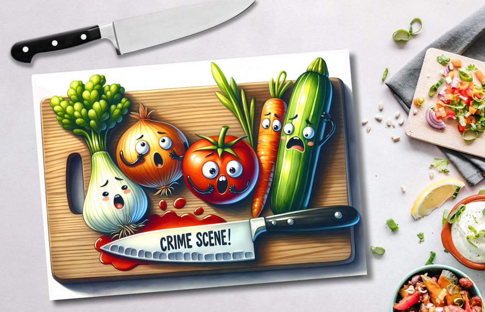 Funny Glass Chopping Board – “Kitchen Crime Scene” Design - East Coast Gifts