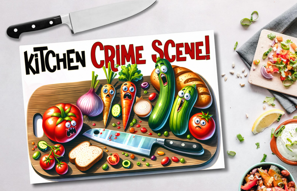 Funny Glass Chopping Board – “Kitchen Crime Scene” Design - East Coast Gifts