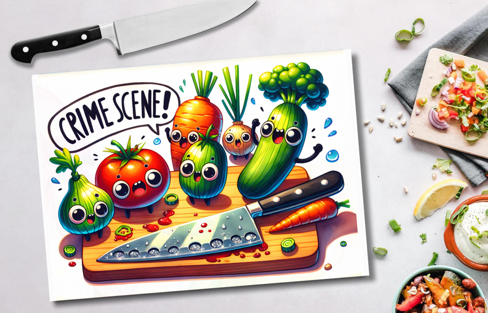 Funny Glass Chopping Board – “Kitchen Crime Scene” Design - East Coast Gifts