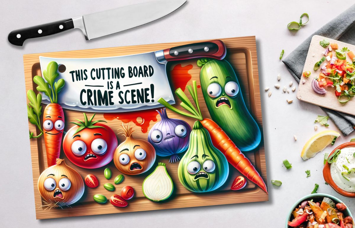 Funny Glass Chopping Board – “Kitchen Crime Scene” Design - East Coast Gifts
