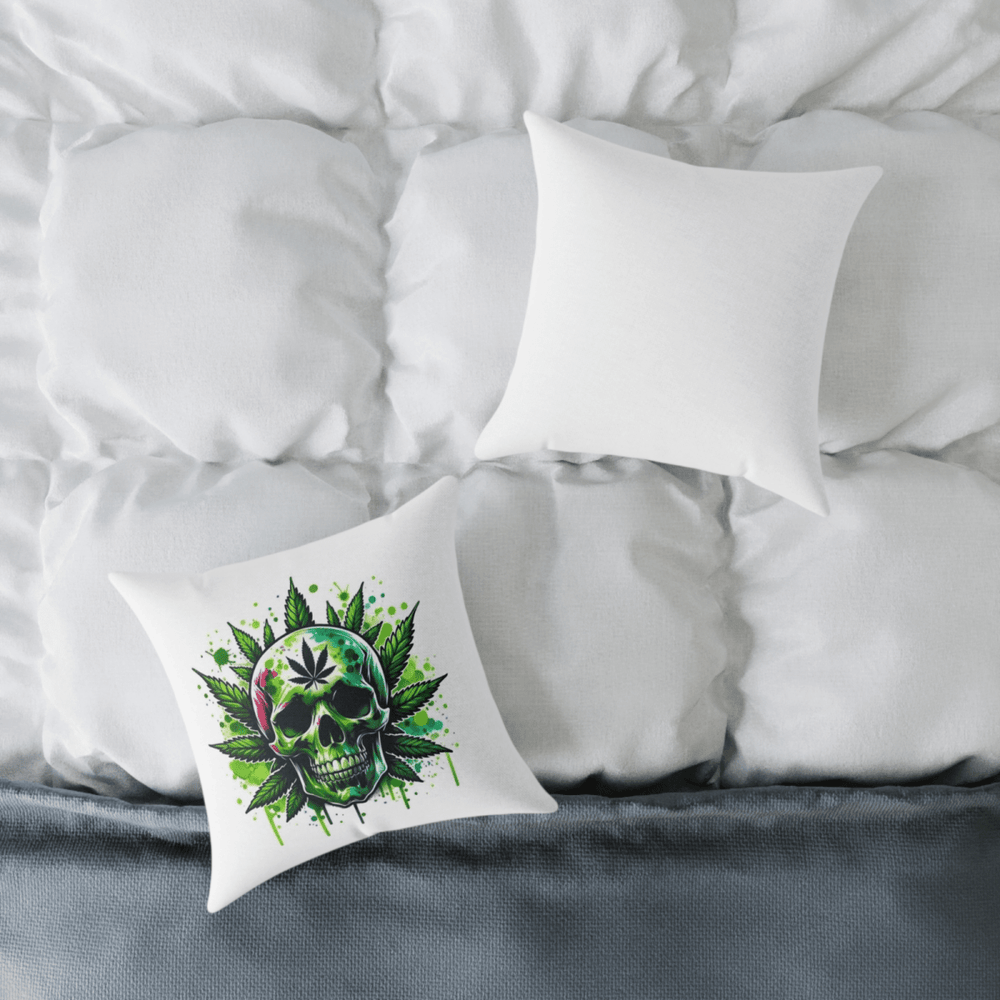Green Skull Throw Pillow – Cannabis Leaf Gothic Cushion (40x40cm) - East Coast Gifts