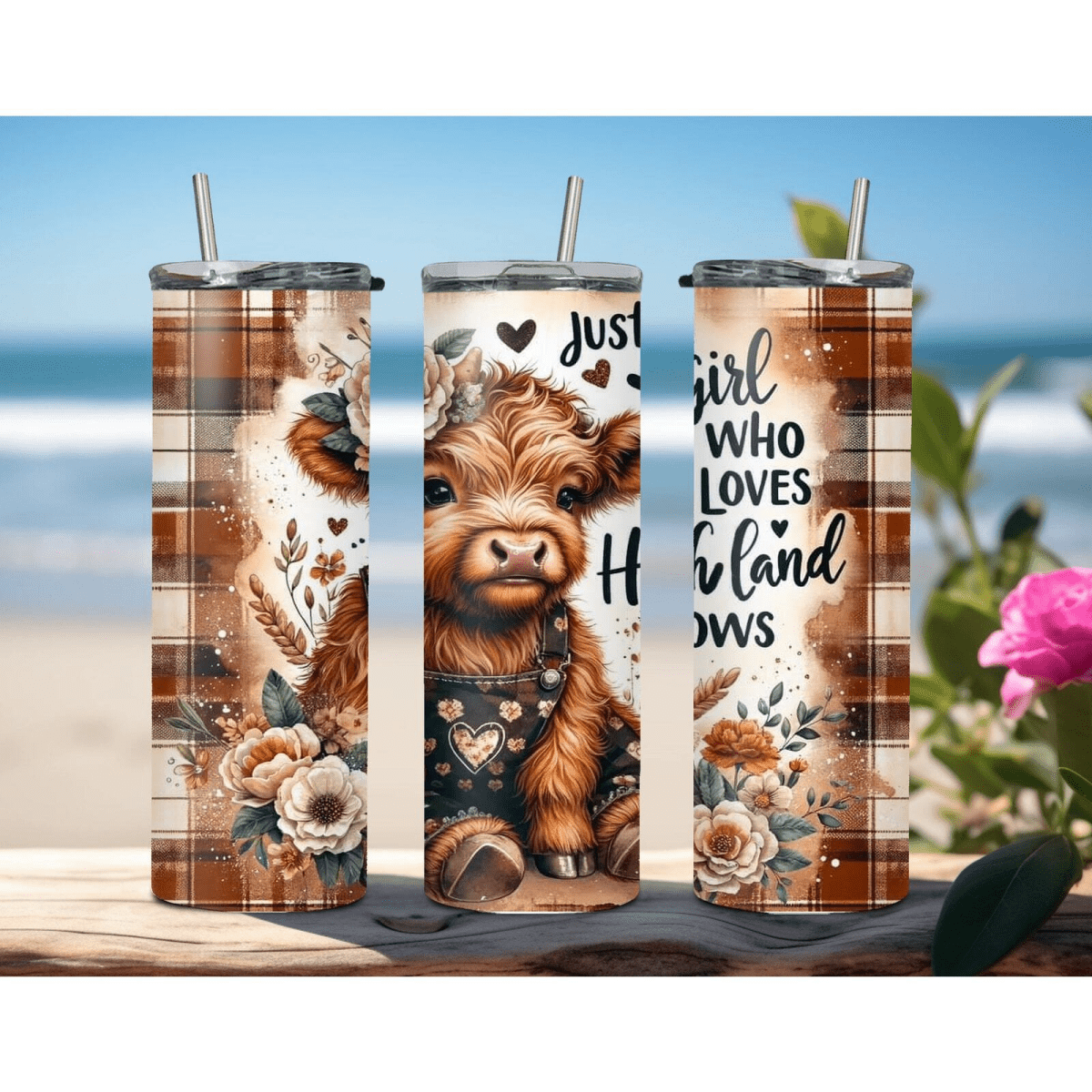 Highland Cow 20oz Tumbler Skinny Insulated Travel Coffee Mug with Straw For Her - East Coast Gifts