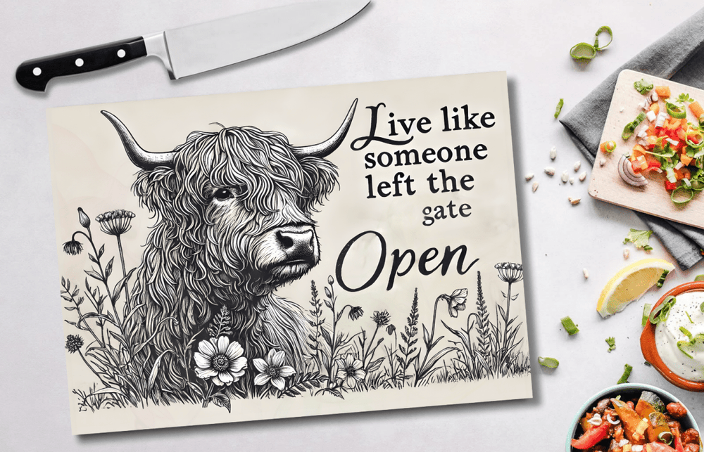 Highland Cow Glass Chopping Board – 6 Farmhouse Kitchen Designs - East Coast Gifts