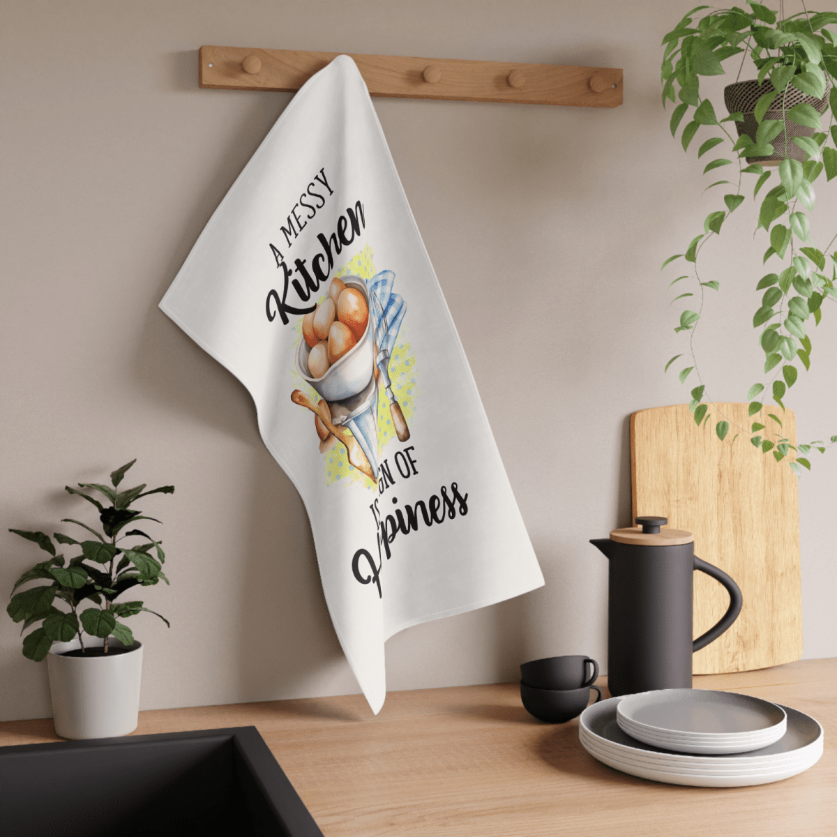 Kitchen Tea Towel A Messy Kitchen Is a Sign of Happiness Funny Baking Dish Towel - East Coast Gifts