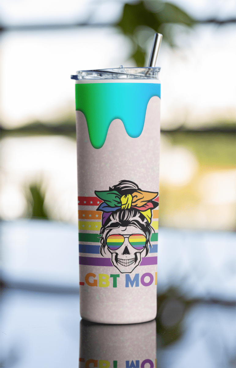 LGBT Mom Pride Tumbler – 20oz Rainbow Skull Design Cup w/ Lid & Straw - East Coast Gifts