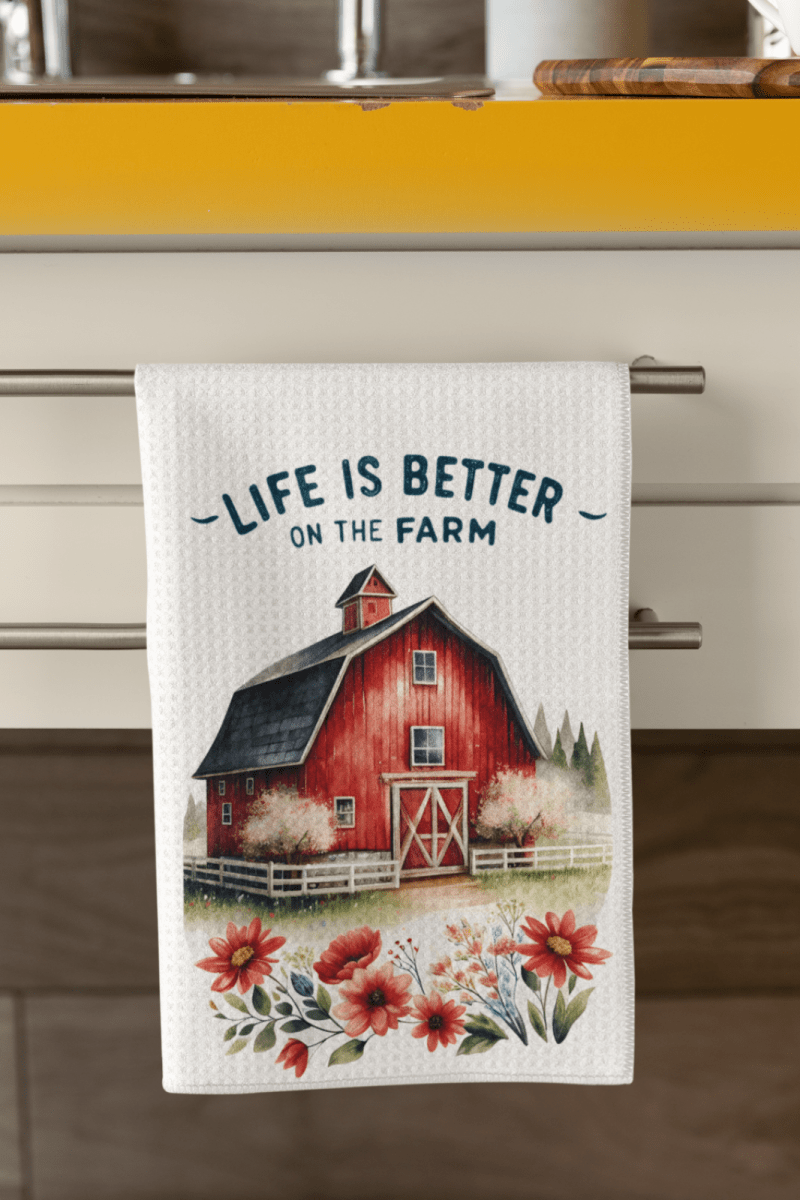 Life Is Better on the Farm Towel Set – 5 Farmhouse Designs with Roosters & Barns - East Coast Gifts
