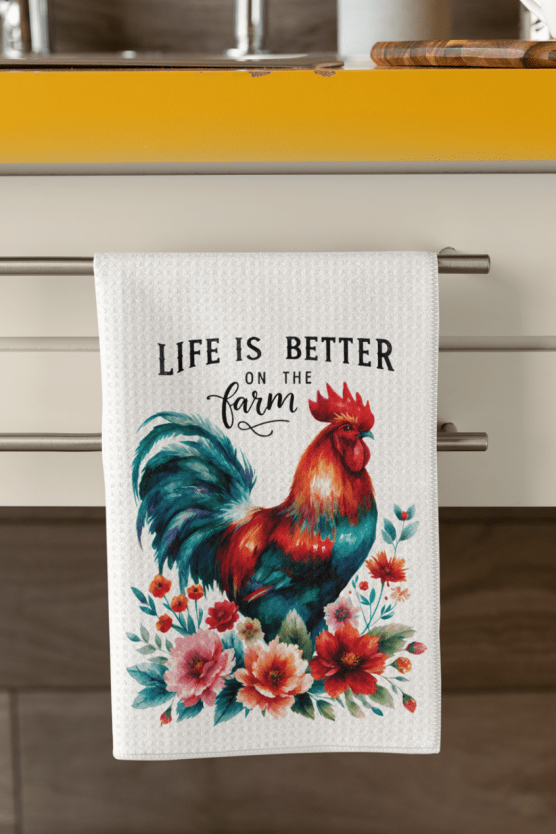 Life Is Better on the Farm Towel Set – 5 Farmhouse Designs with Roosters & Barns - East Coast Gifts