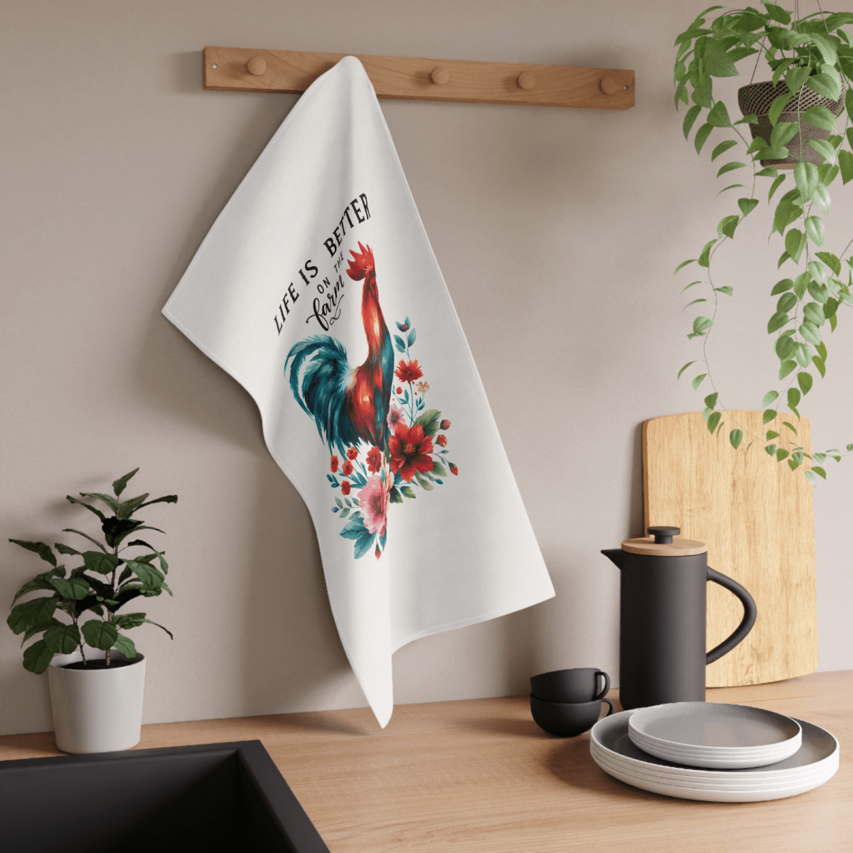 Life Is Better on the Farm Towel Set – 5 Farmhouse Designs with Roosters & Barns - East Coast Gifts