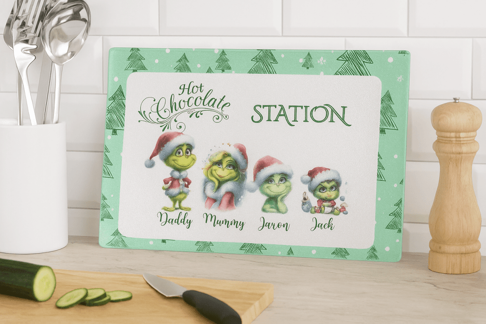 Personalised Grinch Hot Chocolate Station Glass Chopping Board - East Coast Gifts