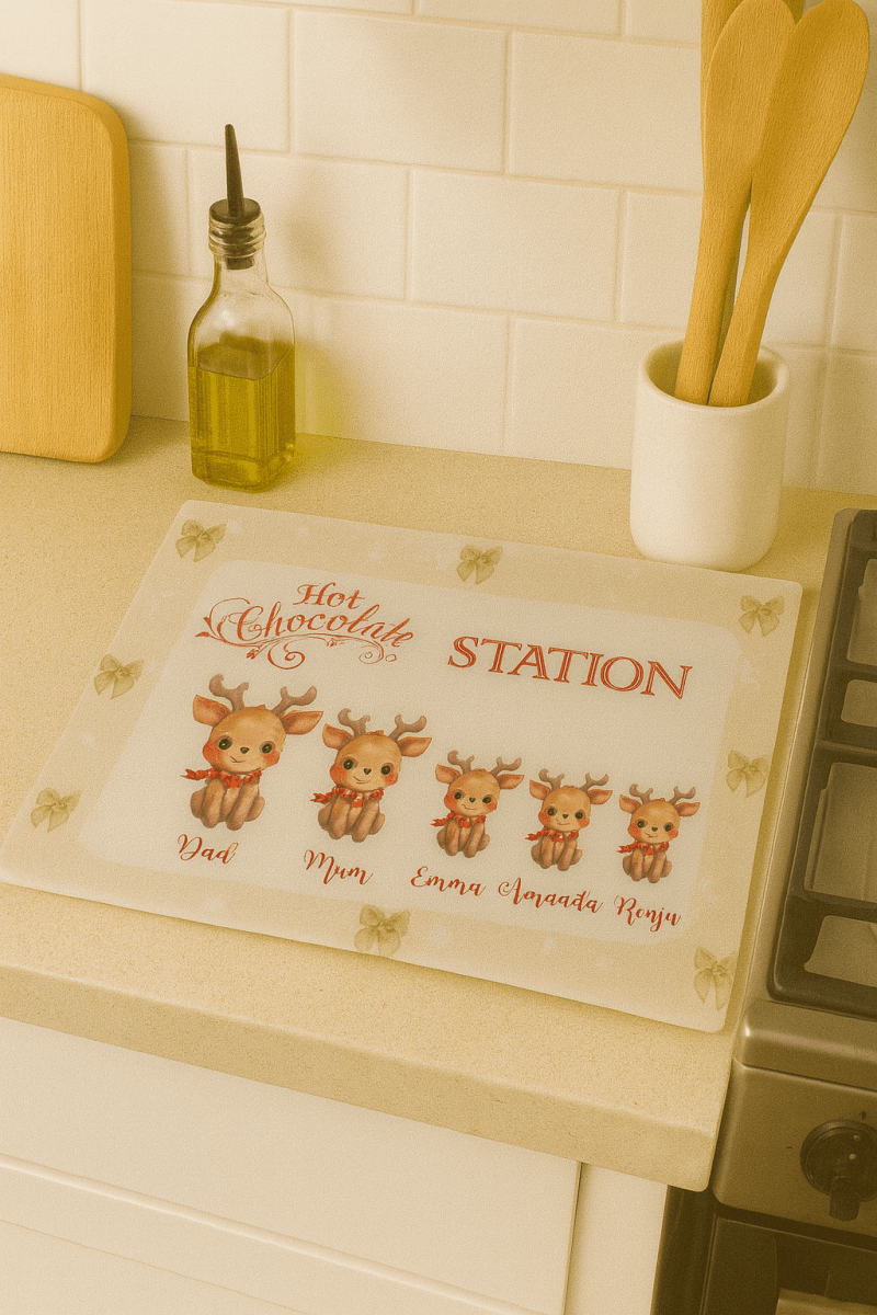 Personalised Hot Chocolate Station Reindeer Family Glass Chopping Board - East Coast Gifts