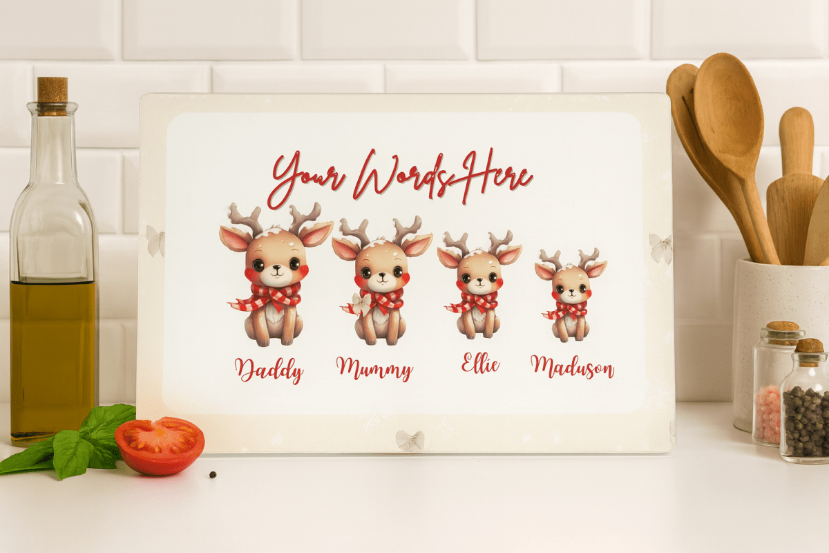 Personalised Hot Chocolate Station Reindeer Family Glass Chopping Board - East Coast Gifts