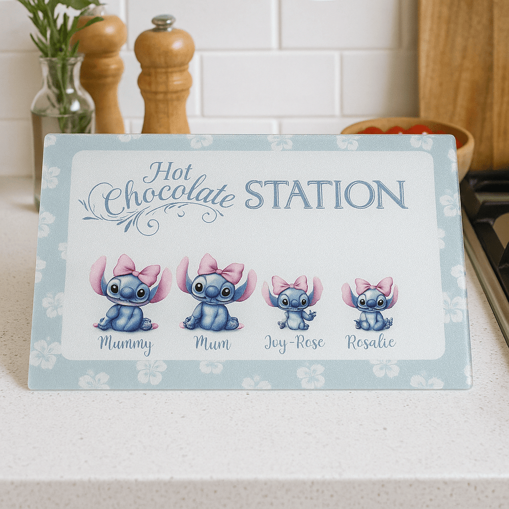 Personalised Stitch Character Hot Chocolate Station Glass Board – Christmas Family Gift - East Coast Gifts
