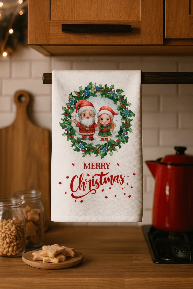 Santa & Sweetheart Christmas Towel – Festive Wreath Holiday Kitchen Decor - East Coast Gifts