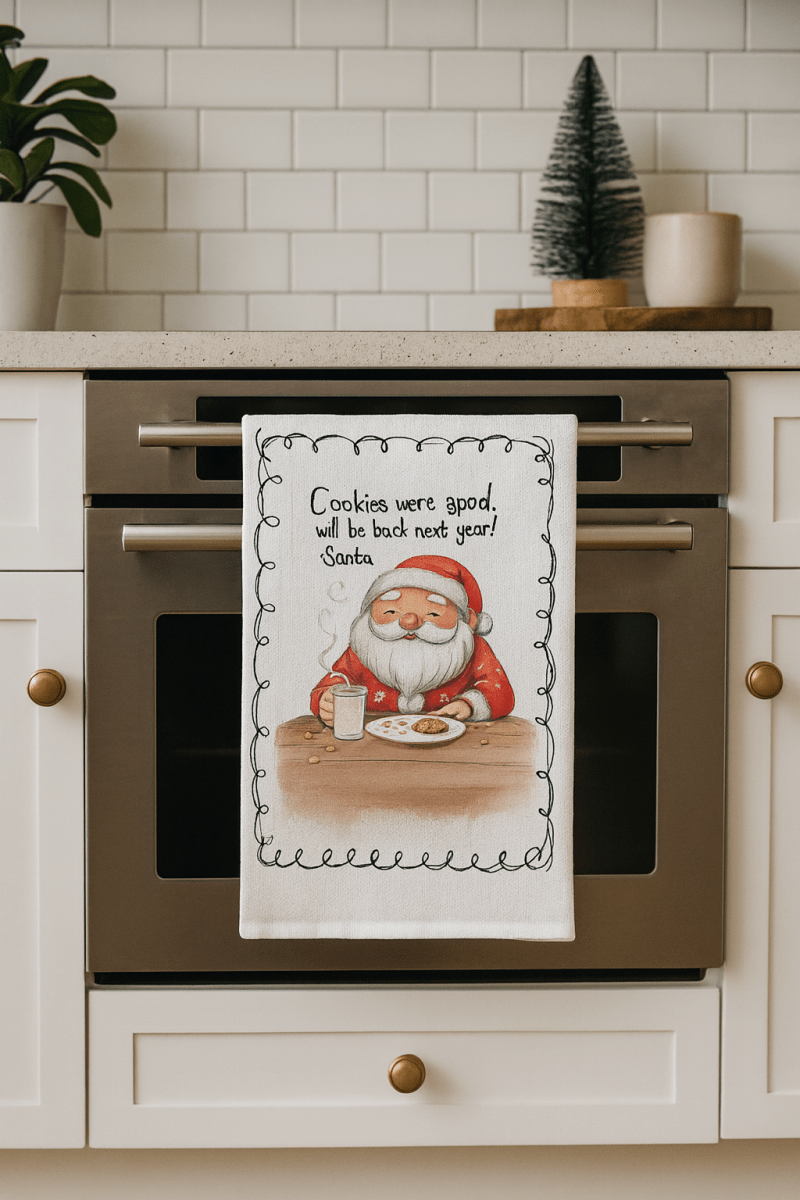 Santa’s Cookie Break Kitchen Towel – Funny Christmas Oven Decor - East Coast Gifts
