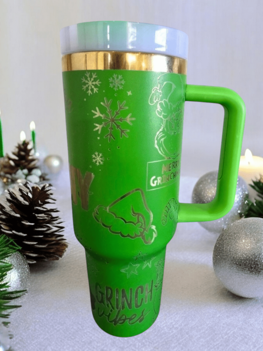 Stanley Inspired, Christmas Grinch 40oz Laser Engraved Insulated tumbler - East Coast Gifts